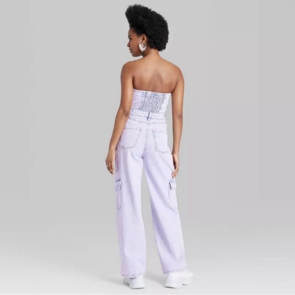 Wild Fable Off White Denim Cargo Wide Leg Tube Jumpsuit size X-Small - Picture 2 of 3